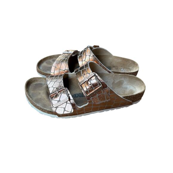 Birkenstock Arizona Gator Gleam Copper Leather Soft Footbed Sandals - M7 / W9 - Picture 4 of 10